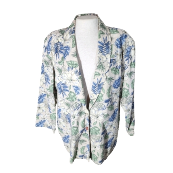 None Jackets & Blazers - Blazer Floral Vintage Oversized Beige and Blue Plus Size 1X